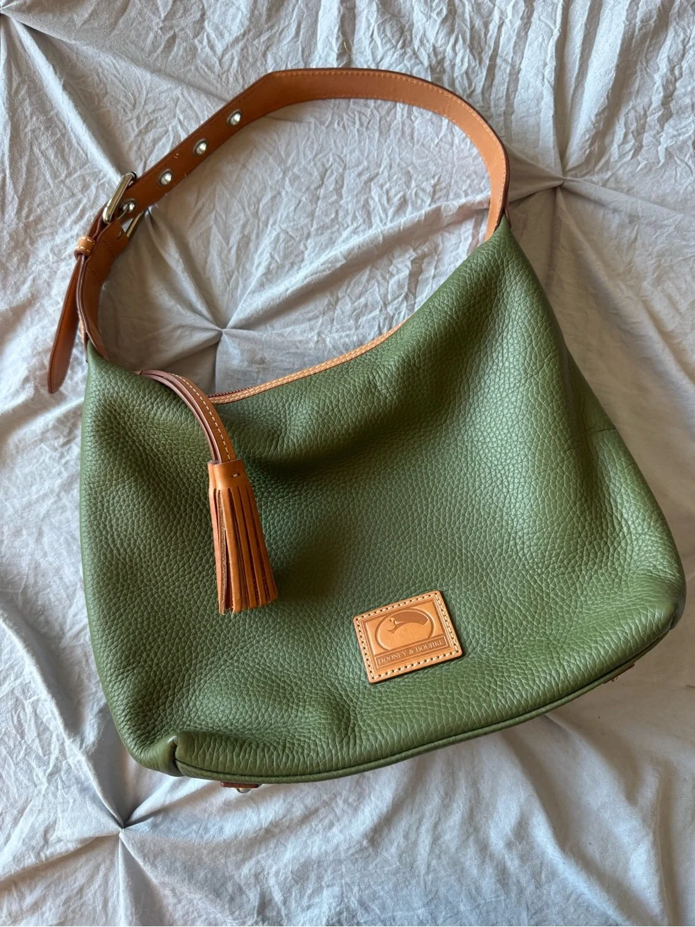 Dooney and Burke Olive Green Leather Hobo Bag with Tan Trim
